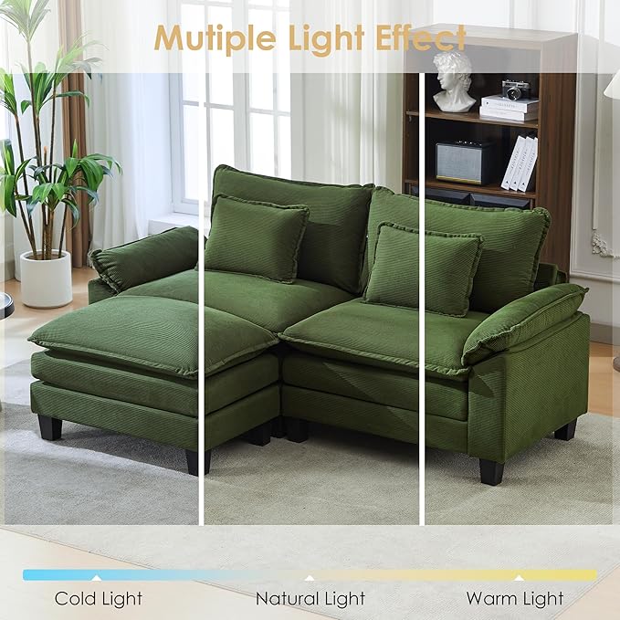 URRED Modular Cloud Couch Sectional Sofa 87 L Shaped Deep Seat Sofa with Ottoman &amp Pillows Ultra Comfy Corduroy Loveseat Sofa for Living Room Apartment or Bedroom Green | Corduroy Fabric