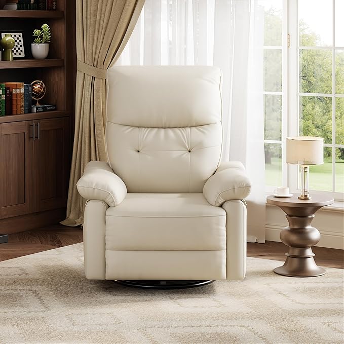 Garvee Power Recliner Chair with 270° Swivel and Rocking Electric Glider Nursery Chair with USB Charging Port PU Leather Upholstery and Button Tufted Backrest for Living Room Cream