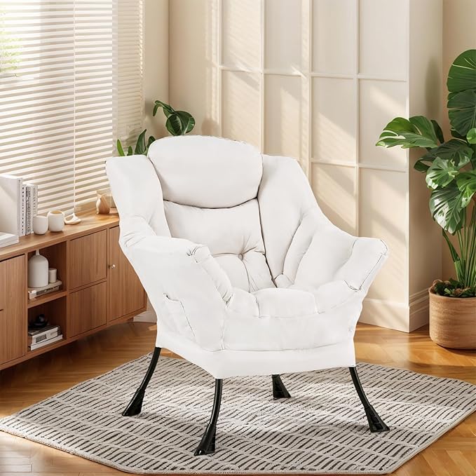Lazy Chair for Living Room Modern Accent Chairs with Armrests Beige Armchairs with Side Pocket Cozy Lazy Sofa for Reading Balcony Bedroom Dorm Small Spaces