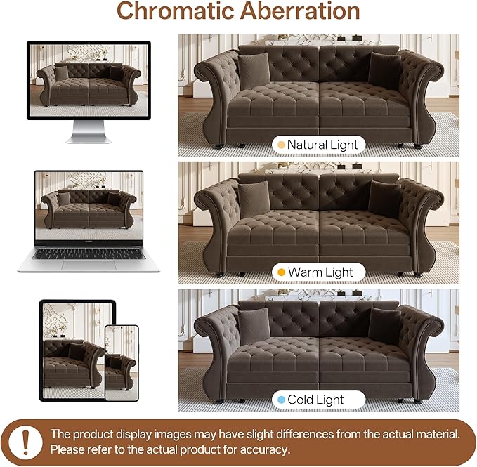 KEIKI 83.8 Classic Chesterfield Sleeper Sofa for Small Spaces Pull Out Velvet Couch with Rolled Arms Elegant Tufted Design