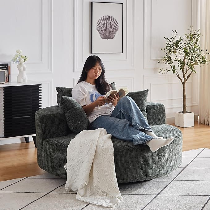 Oversized Round Swivel Chaise Longue Chair Indoor Modern 55-inch 360 Degree Swivel Upholstered Waffle Chenille Deep Seat Circle Single Cloud Sofa Chair for Living Room Bedroom Apartment Office Green