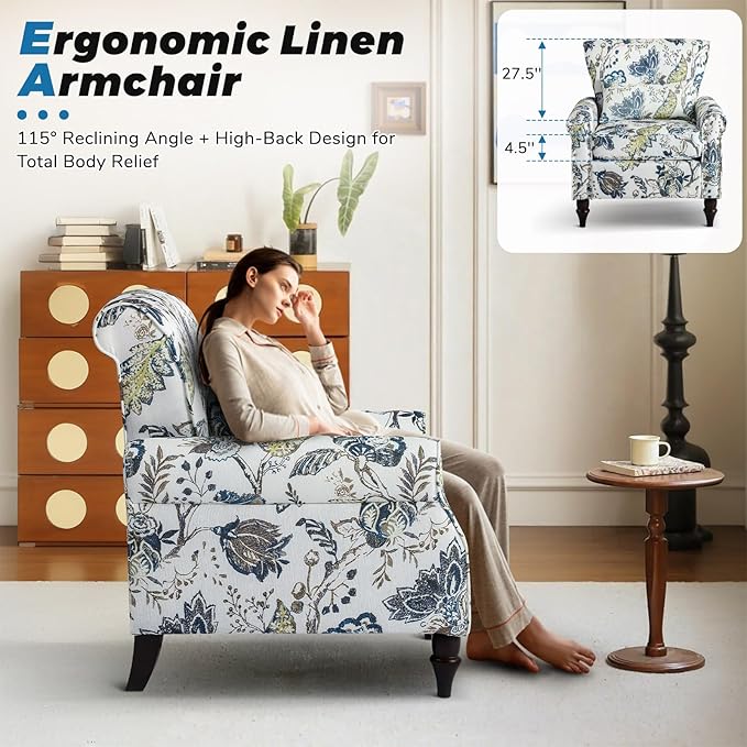Floral Accent Chair with Lumbar Pillow Retro Wingback Armchair with Nailhead Trim &amp Rolled Arms Modern Linen Fabric Upholstered Recliner for Living Room Bedroom Reading Chair Easy Assembly