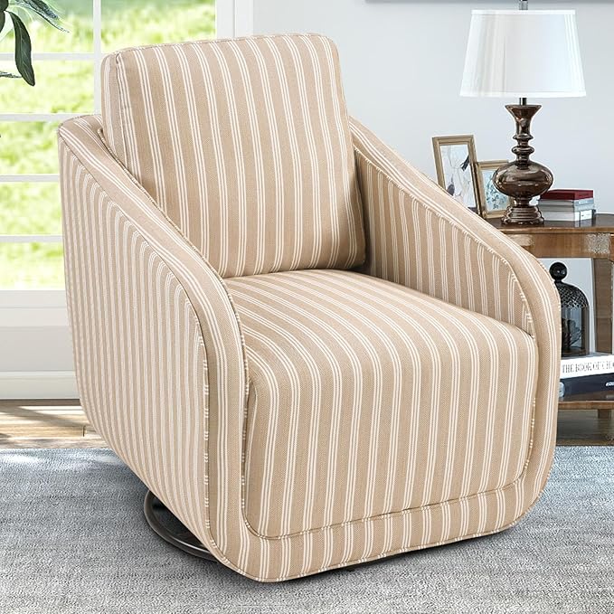 CANMOV Swivel Accent Chair Square Chair Suitable for Use in Living Room Bedroom Small Spaces and can Swivel Smoothly. Swivel Barrel Reading Chair with Thick Padded Backrest Cushion Brown Stripe