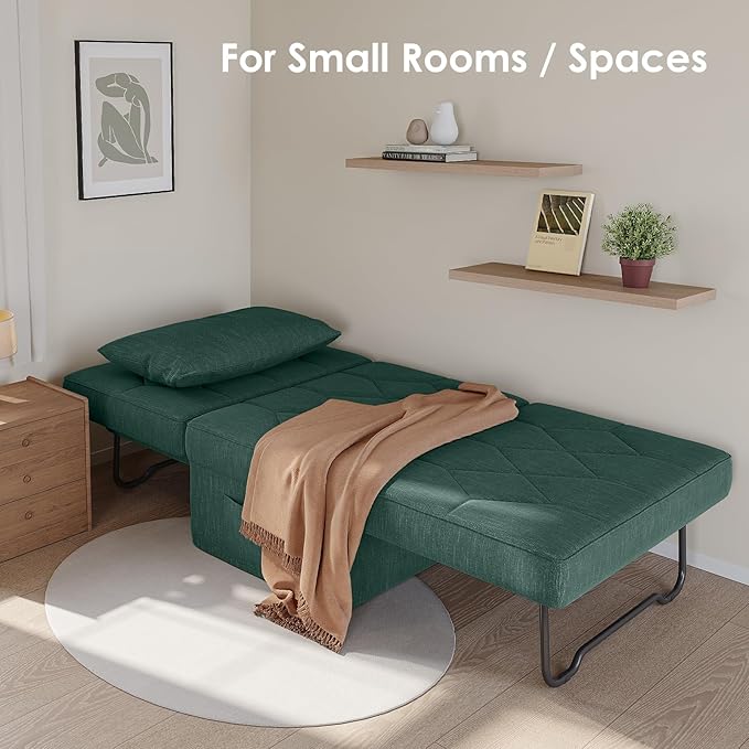 Convertible Sofa Bed with 5-Level Adjustable Backrest 74 D x 28 W 4-in-1 Folding Ottoman Sleeper Chair Bed Modern Single Futon Couch for Living Room Apartment Dorm Small Space Green