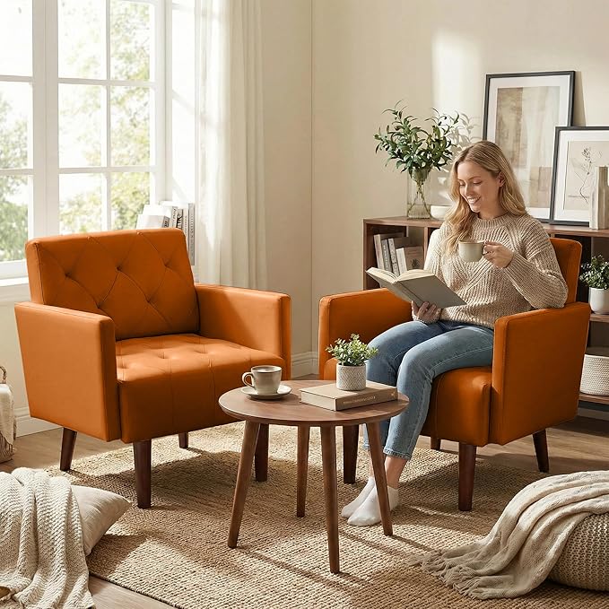 Faux Leather Accent Chair Modern PU Armchair Retro Tufted Upholstered Arm Chair Comfy Leather Club Chair Single Sofa for Living Room Bedroom Reading Room Apartment (Orange)