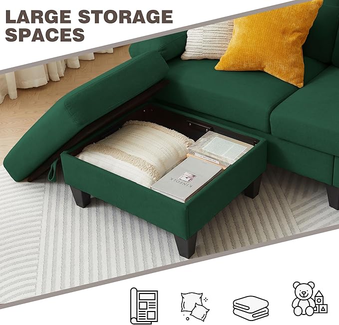 85 Convertible Sectional Sofa with Storage L Shaped 3 seat Couch with Reversible Chaise Polyster Fibre Sofa for Living RoomApartment and Small Space Green