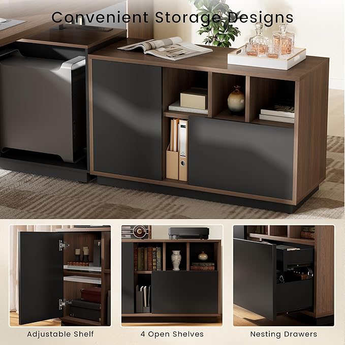 71 Executive Desk with Office Storage Cabinet L Shaped Height Adjustable Standing Desk Privacy Panel Furniture Set with Multiple Functions for Home and Office Black Walnut