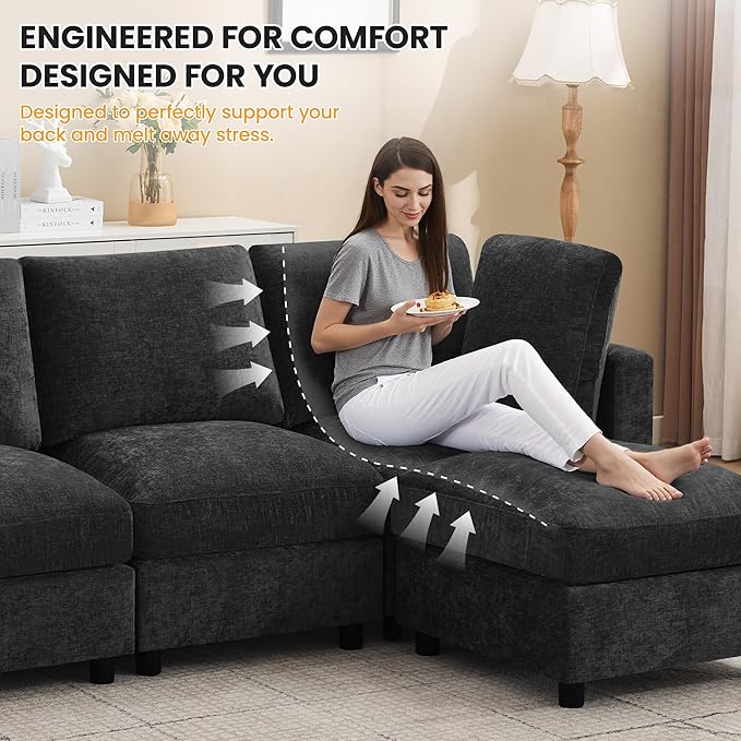 116'' 4-Seater Modular Sectional Cloud Sofa with Ottoman Convertible L-Shaped Couch for Living Room Modern Deep Seat Modular Sofa Chenille Dark Grey