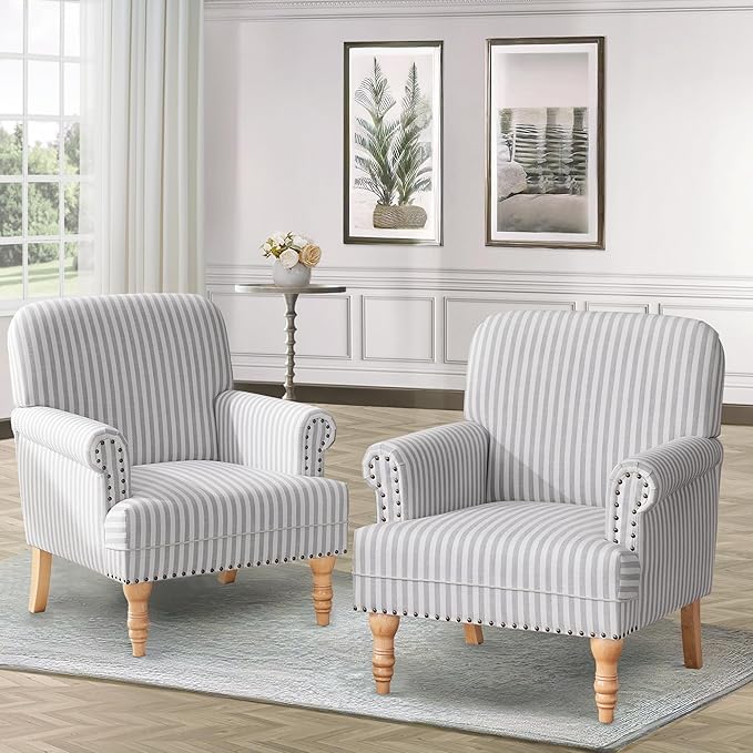 HUIMO Linen Fabric Accent Chairs Set of 2 Mid-Century Modern Armchair with Solid Wood Legs Single Sofa ChairUpholstered Reading Club Chair (2 Light Grey and White Stripe)