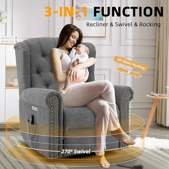 Power Swivel Rocking Glider Recliner Chair Electric Nursery Reclining Sofa Chair with Heat and Massage Wingback Tufted Upholstered Recliner for Living Room USB and Type-C Ports Grey