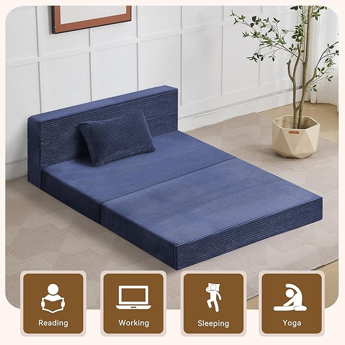 Folding Sofa Bed Convertible Floor Couch Foldable Chair Bed with PillowLinen Sleeper Chair FutonFoldable Memory Foam Mattress for Bedroom/Living Room/Dorm/Office (Corduroy Navy Standard)