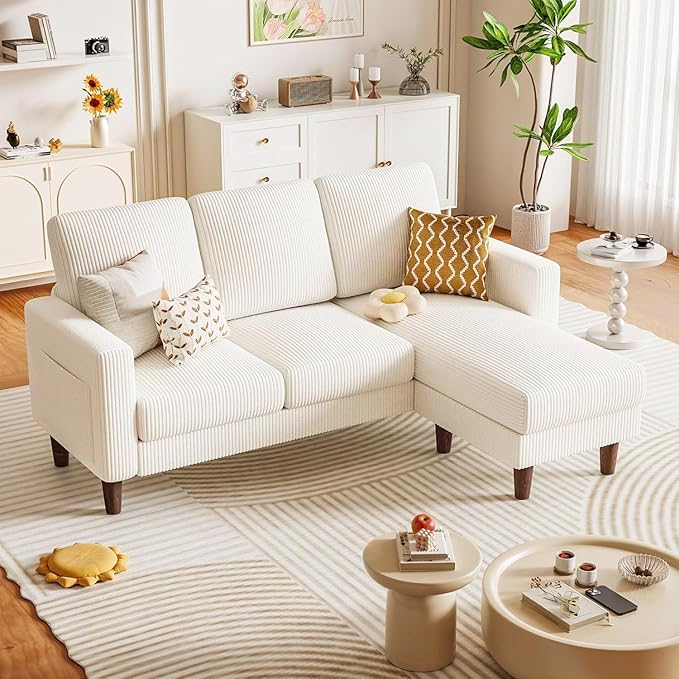 Homall Convertible Sectional Sofa 3 Seat L Shaped Couch with Side Storage Pocket Sofas with Movable Ottoman Corduroy Small Couches for Living Room &amp Apartment (Corduroy Beige)