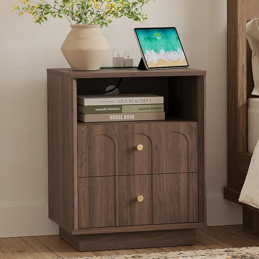 Nightstand with Charging Station Mid Century Modern Nightstand with Arched Design Minimalist End Table with Wood Grain Texture Bedside Table for Bedroom Living Room Sofa Office Walnut