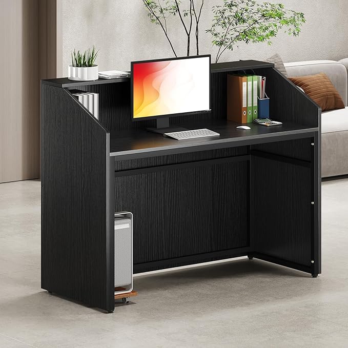 LITTLE TREE 47-Inch Reception Desk with Counter Black Front Desk Reception Room Table Retail Counter for Checkout Modern Welcome Desk for Lobby Office Beauty Salon