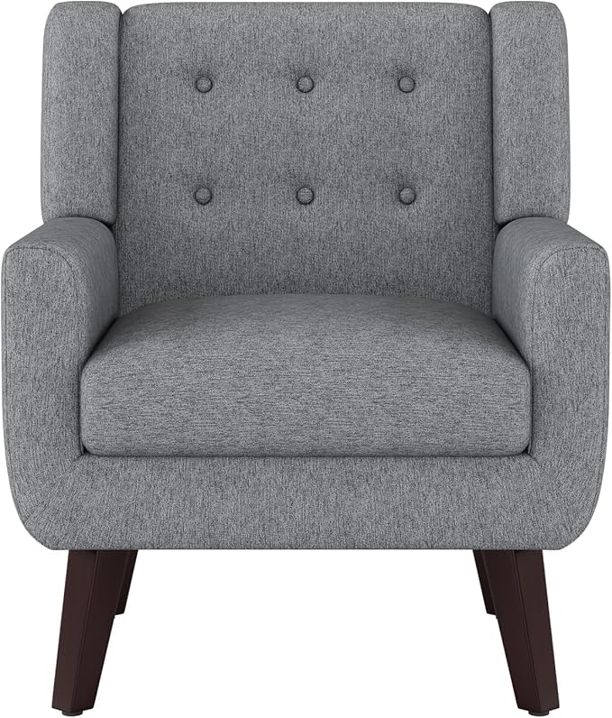Accent Chairs Mid-Century Modern Upholstered Living Room Armchair Comfy Oversized Linen Fabric Single Reading Arm Chair with Tufted Back and Wood Legs for Bedroom Club (1 Grey)