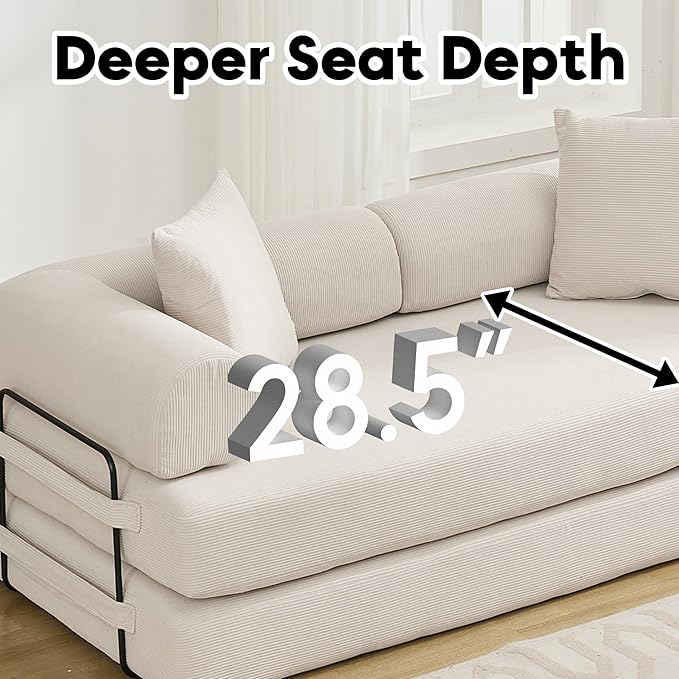 Convertible Sleeper Sofa Bed with Cylindrical Pillow Corduroy Folding Mattress Couch with Fixed-Shape Frame Floor Sofa Lounge Couch for Living Room Bedroom Lounge Studio Beige
