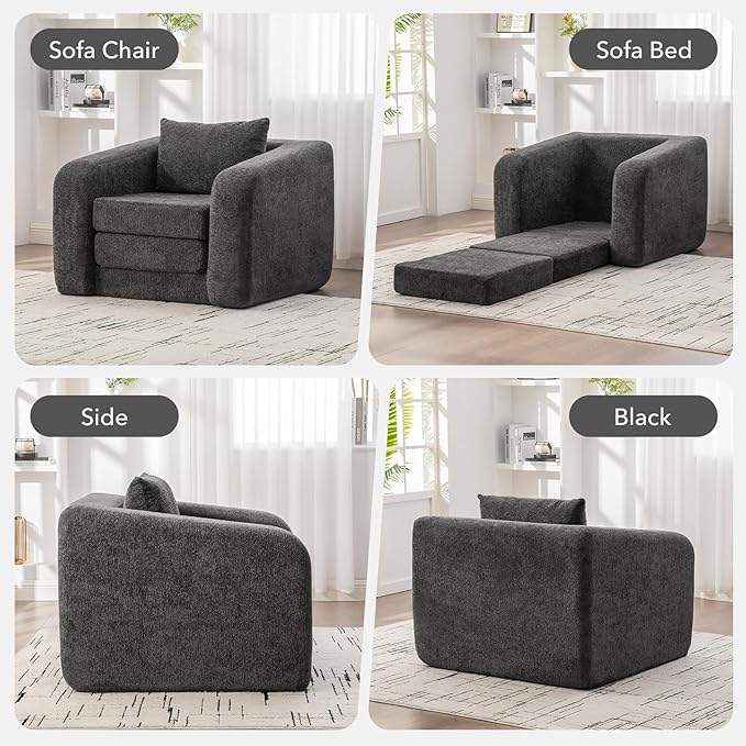 Convertible Sofa Bed Chenille Upholstered Pull Out Sofa Bed with Pillows 2-in-1 Sofa Chair with Minimalist Design Comfy Folding Mattress Couch for Apartment (Gray Single Sofa Bed)