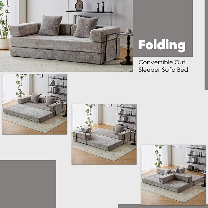 Convertible Floor Sofa Bed with Fixed-Shape Frame Modular Chenille Folding Mattress Couch with Armrest Floor Sofa Lounge Couch for Living Room Bedroom Lounge StudioLight Grey