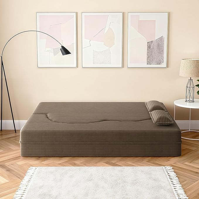 78 Convertible Sofa Bed 2-in-1 Folding Floor Couch with 2 Pillows Sleeper Sofa for Living Room and Bedroom No Assembly Required (Coffee Brown Corduroy Fabric)