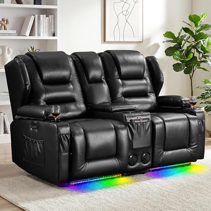 Power Loveseat Recliner Sofa with ConsoleReclining Loveseat RV Recliners with Speaker/USB Ports/LED LightsPower Recliner Loveseat Sofa with Cup Holders for Living RoomBlack