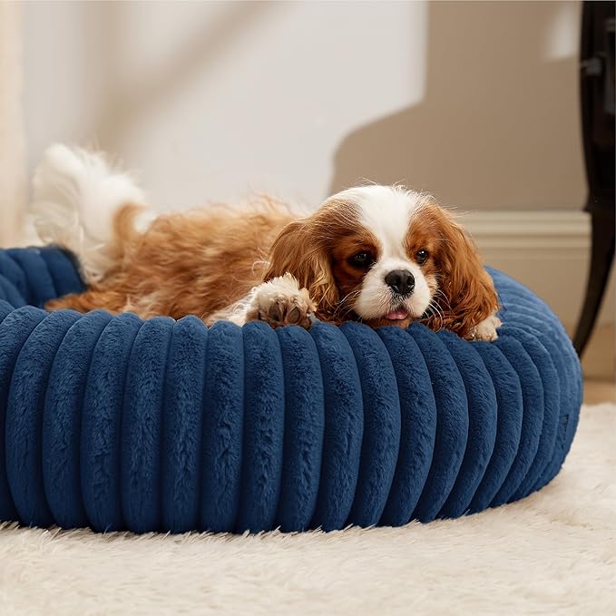 Bedsure ComfyFleece™ Donut Medium Dog Bed - Washable Faux Fur with Corduroy Fleece &amp Anti Slip Bottom Round Pet Beds with Removable Cover Night Blue 30x30x8 inches