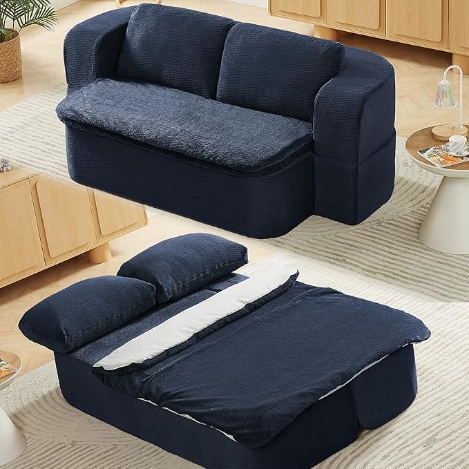 2-in-1 Convertible Sofa Bed 74.8 Memory Foam Boneless Couch Bed Full Size Love Seat Sleeper Sofa Floor Couch Loveseat with 2 Pillows for Living Room Bedroom Apartment Office No Assembly Blue