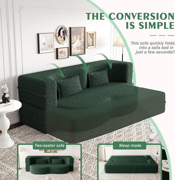 78 Teddy Folding Floor Sofa Couch BedConvertible Folding Sofa Bed Full Size Love Seat Sleeper Bed with 2 Pillows for Living Room Apartment Office (Green)