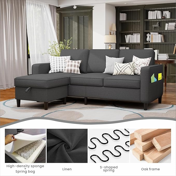 Youmumeub Sectional Couches for Living Room - Convertible Sofa and Storage Bench79''Modern Corner ConfigurationSuitable for Living Room Apartment Bedroom and Office-Gray | Reversible Chaise Rever