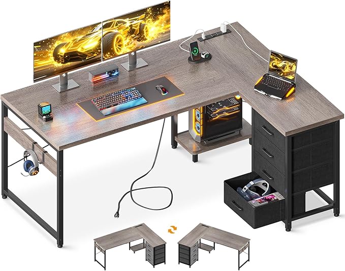 AODK L Shaped Gaming Desk with 4 Drawers 53 Reversible Home Office Desks with Power Outlets L Shaped Computer Desk with USB Charging Port and Host Stand Corner Desk Easy to Assemble Grey