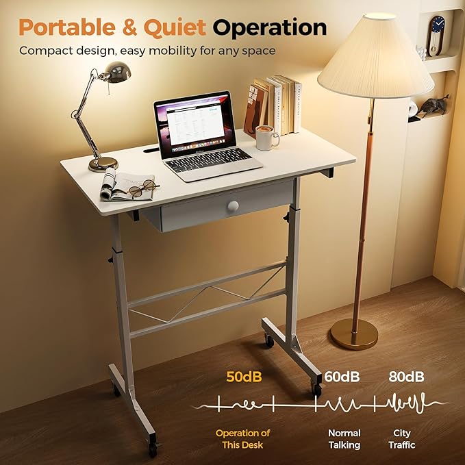 GTPLAYER Small Mobile Standing Desk 32In Wide Adjustable Height Stand Up Desk for Home Office Portable Sit Stand Rolling Computer Desk with Wheels Storage Drawer and Slot White Walking Laptop Table