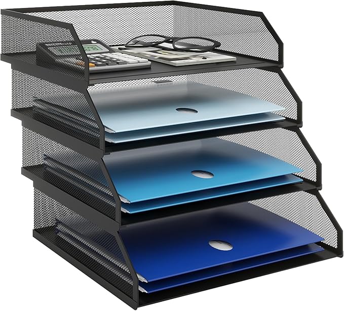 Natwind 4-Tier Stackable Paper Tray Metal Mesh Desktop Organizer A4 Paper Sorter Letter TraysFile Folder Sorter Organizer with Sliding Tray for Home Office School (Black)