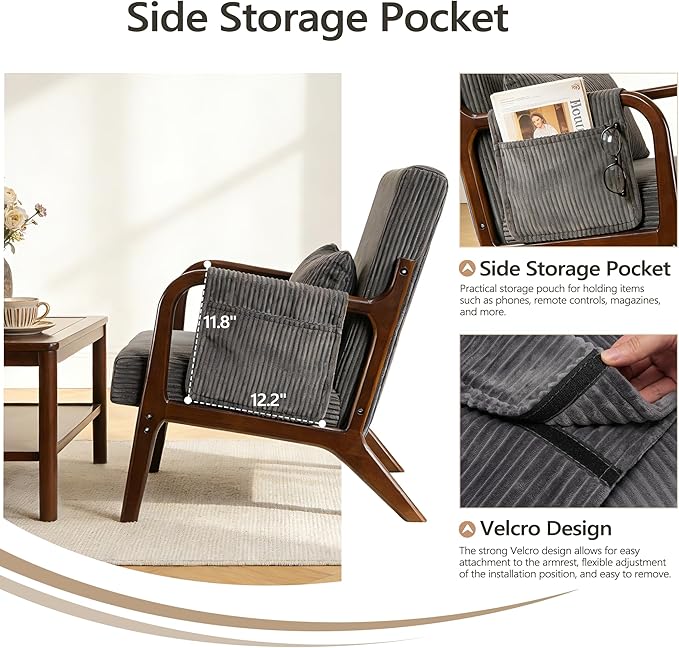 Mid-Century Modern Accent Chairs Upholstered Fabric Lounge Arm Chair with Storage Pocket Lumbar Cushion &amp Solid Wood Frame for Living Room Bedroom Balcony (Dark Gray)