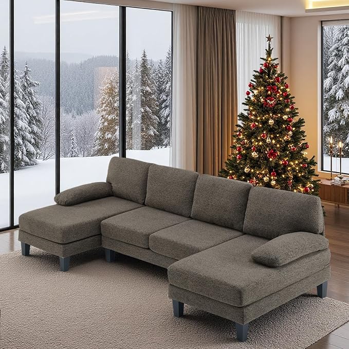 VINGLI 110' U-Shaped Sectional Couch with Two Chaise Affordable Small Sofa with 4 Seats Chenille Fabric Comfy Couches for Living Room Dark Brown