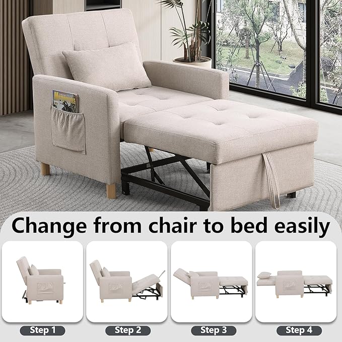 Sleeper Chair Bed Convertible Chair Bed Sleeper Pull Out Sofa Bed with Adjustable Backrest Linen Fabric Convertible Chair to Bed with Side Pocket for Living Room Apartment-Beige