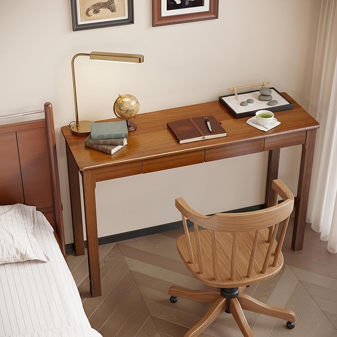 Wood Desk Solid Wood Writing Table for Home Office Mid Century Modern Desk with Drawers Walnut (47inch / 120cm)