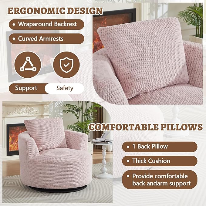 39.4 Wide Swivel Accent Chair Modern 360° Rotating Barrel Chair with Metal Base Club Single Sofa Chenille Armchair for Living Room Bedroom Reading Room Office (Pink)