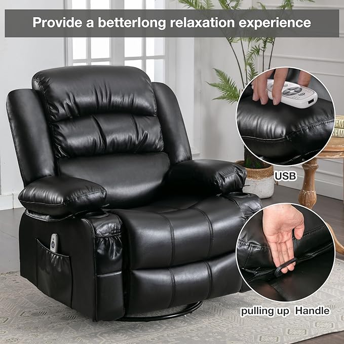 Electric Recliner Chairs for Adults Massage Recliner Chair with Heat 360 Swivel Recliners Chair for Living Room with 2 Cup Holders &amp USB Charge Port Rocking Function and Side Pocket (Black)