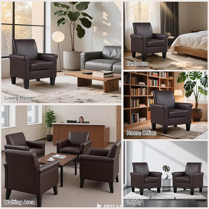 Lohoms Pu Leather Accent Chair Set of 2 Overstuffed Mid Century Modern Living Room Chairs Upholstered Comfortable Reading Chair Fake Leather Armchair for Bedroom Office -Brown