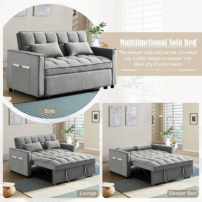 3 in 1 Convertible Sleeper Sofa Couch with Pull Out Bed55 Velvet Upholstered Futon Sofa BedModern Loveseat Sleeper Chaise with Adjustable Backrest for Living Room Guest Room Apartment(Grey)
