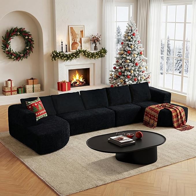 144 Oversized Sectional Sofa with Chaise Lounge Boneless Couches for Living Room Modern Luxury Chenille 5-Seater Sofa Deep Seat U-Shape Curved Cloud Couch No Assembly Required (Black)