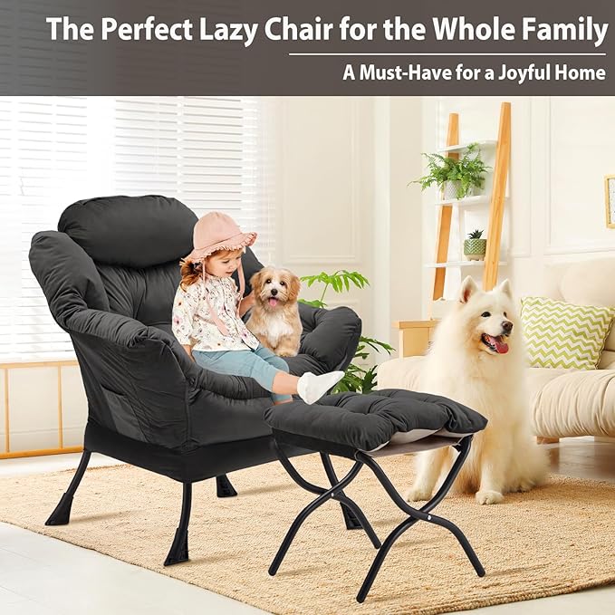 Lazy Chair with Folding Ottoman Accent Chair Velvet Upholstered with Metal Structure and Non-Slip Pads Sofa Armchair with Footrest and Side Storage Bag for Dorm Office Charcoal