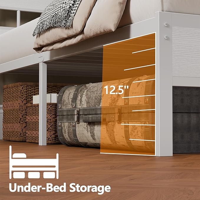 Furnulem Twin Bed Frames with Charging Station and LED Lights Twin Size Platform Bed with Metal Slats Wood Headboard with 2-Tier Storage Shelves No Box Spring Needed White