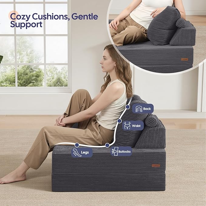 COMAX Folding Sofa Bed Foldable Couch for Bedroom Corduroy Convertible Floor Sleeper Futon Chair Foam 3 in 1 Fold Out Chair Portable Comfy Lounge Couch Single Sofa Bed for Small Space Guest Room