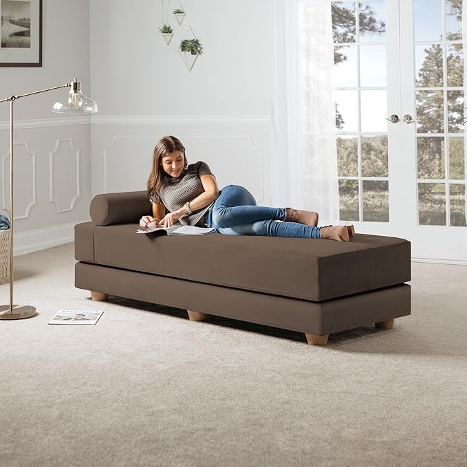 Jaxx Alon Daybed - Fold-Out Sleeper Chaise with Premium Memory Foam Queen-Size Mattress - Made in The USA - Toffee