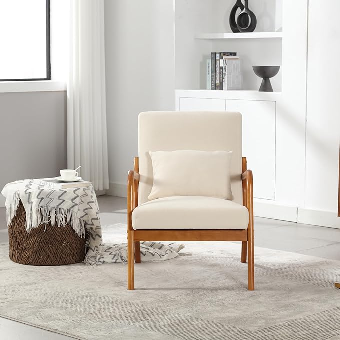 Modern Accent Chair Solid Wood Padding Lounge Armchairs with One Pillow for Living Room Bedroom Guest Room (Beige)