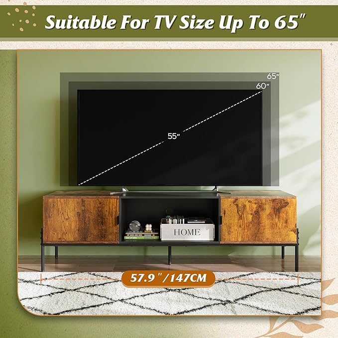 WLIVE TV Stand for 65 Inch TV Mid Century Modern Entainment Center with 2 Storage Cabinets &amp Open Shelf TV Console Table Media with Metal Legs for Living Room Bedroom Rustic Brown