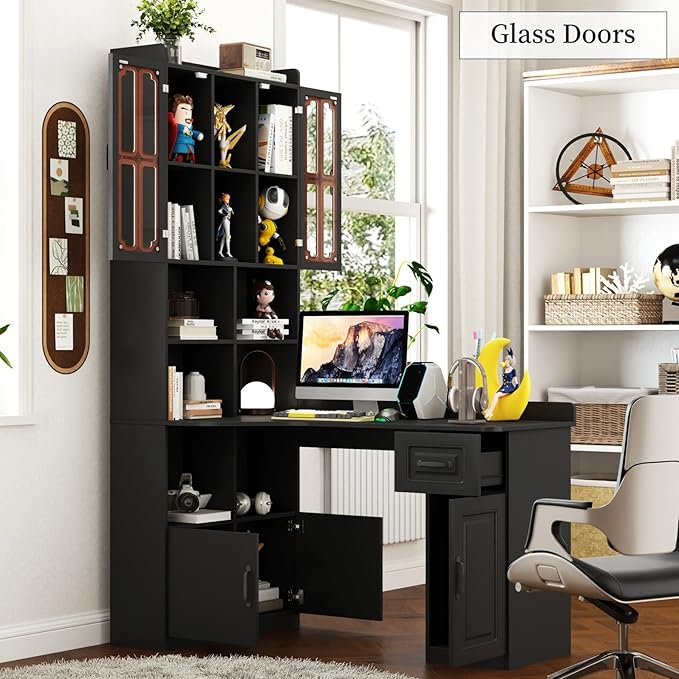 KEIKI Home Office Desks with Hutch Drawers Bookshelf Storage Cabinet &amp Glass Doors Modern Wooden Computer Corner Table for Work Study Writing