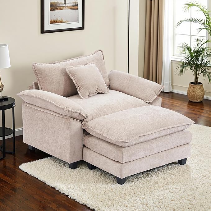 Gexpusm Oversized Accent Chair with OttomanOversized Chaise Lounge Chair Indoor with Deep SeatReading Chair Comfy Chenille Sofa Couch Chair for Living Room Bedroom Modern Lounge Chair (Khaki)