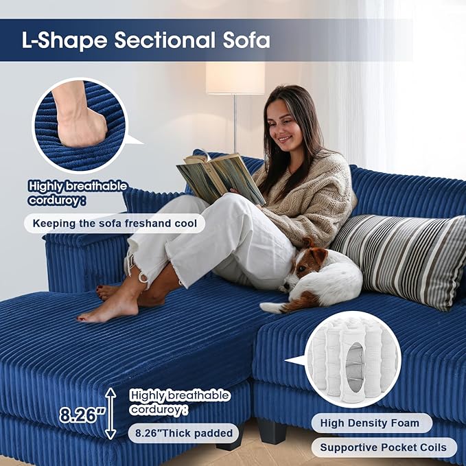114.5” Corduroy Couch Sectional with Reversible Chaise with 2 Pillows Oversized Couch L Shaped Sofa with Two Armrests Hidden Storage Space Sectional Couches for Living Room Blue