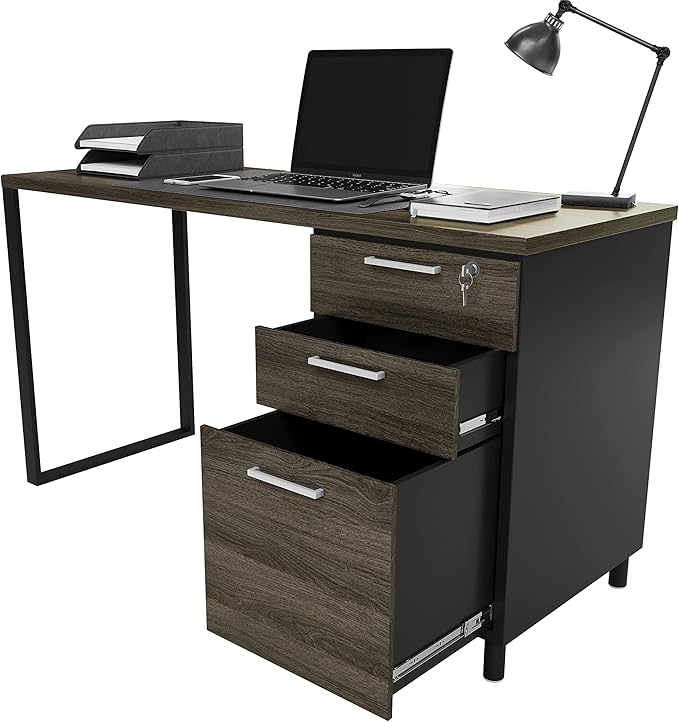 Modern Design Milano Office Computer Desk with 3 Locking Drawers 48 Inch Grey and Black Industrial Wood Desk with Filing Drawer and Storage by Crafts and Comfort